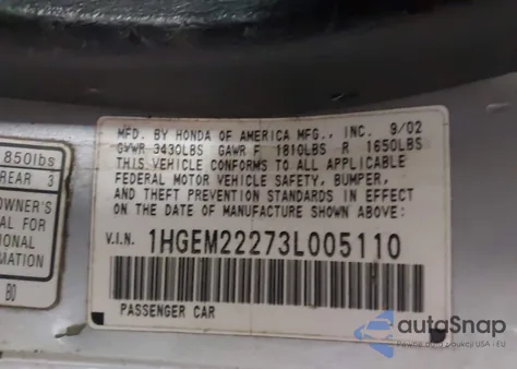 2003 Honda Civic Dx из США, поврежденный, VIN 1HGEM22273L005110